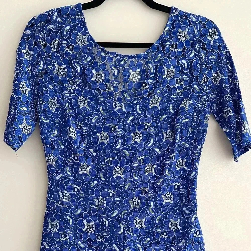 soiéblu Royal Blue Floral Lace Romper, Formal Lace Onesie, Size Medium